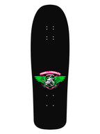 A black skateboard deck featuring a Powell Peralta winged skull graphic in green, white, and pink, shown against a plain white background.