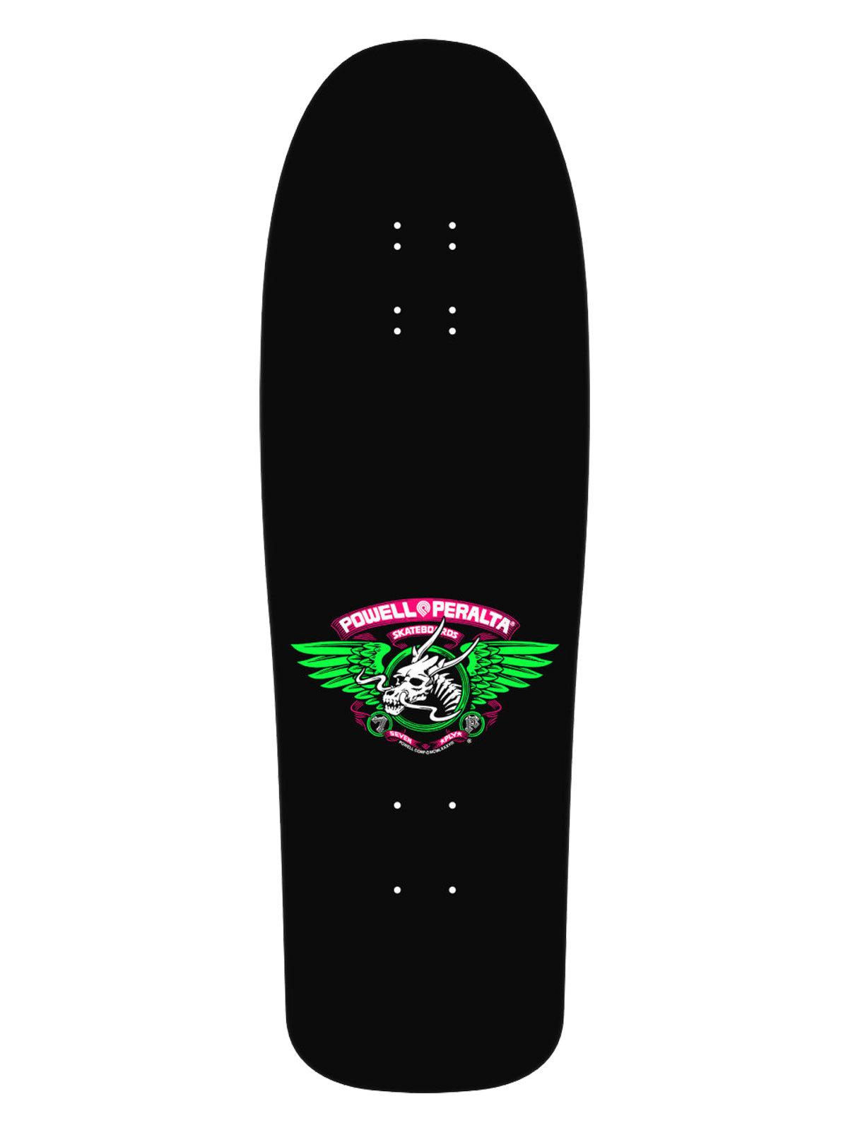 A black skateboard deck featuring a Powell Peralta winged skull graphic in green, white, and pink, shown against a plain white background.