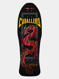 A black skateboard deck featuring a large red and gold dragon graphic, with the word 'CABALLERO' in bold yellow letters and 'POUSSEY PARIS' at the top, shown against a light gray background.