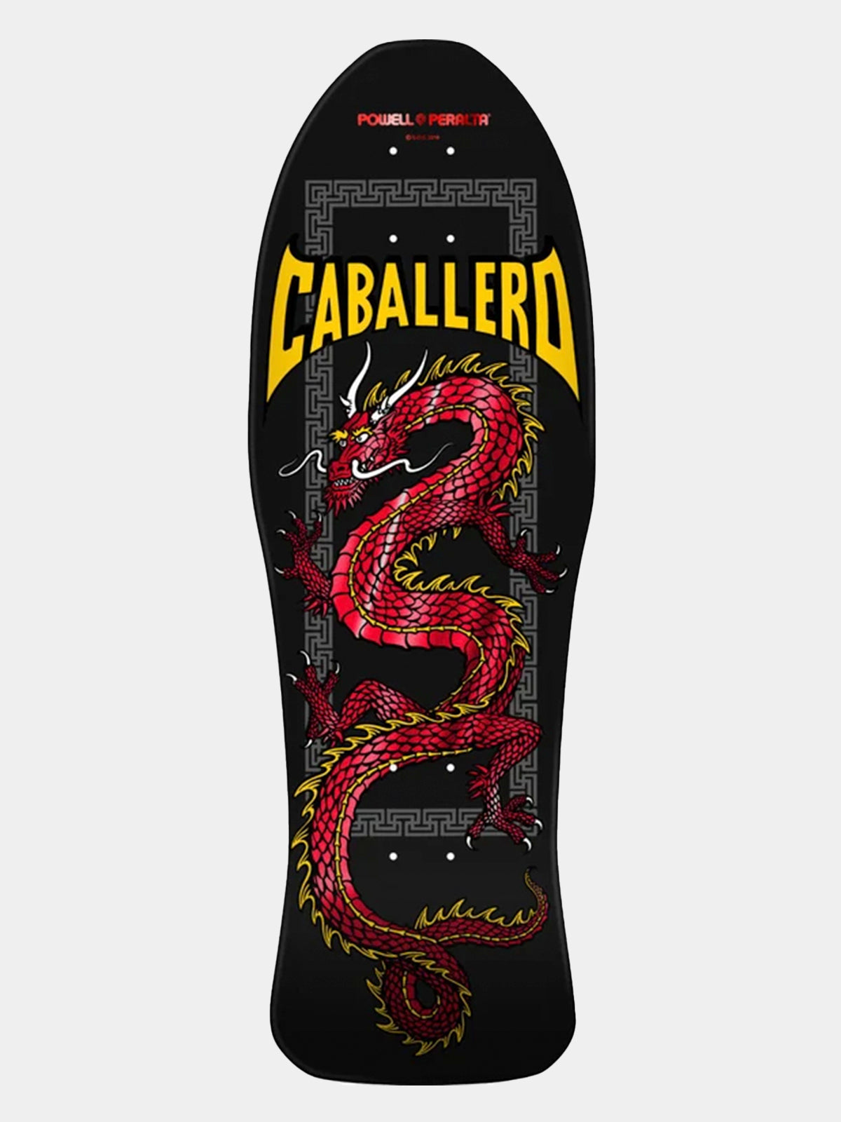 A black skateboard deck featuring a large red and gold dragon graphic, with the word 'CABALLERO' in bold yellow letters and 'POUSSEY PARIS' at the top, shown against a light gray background.