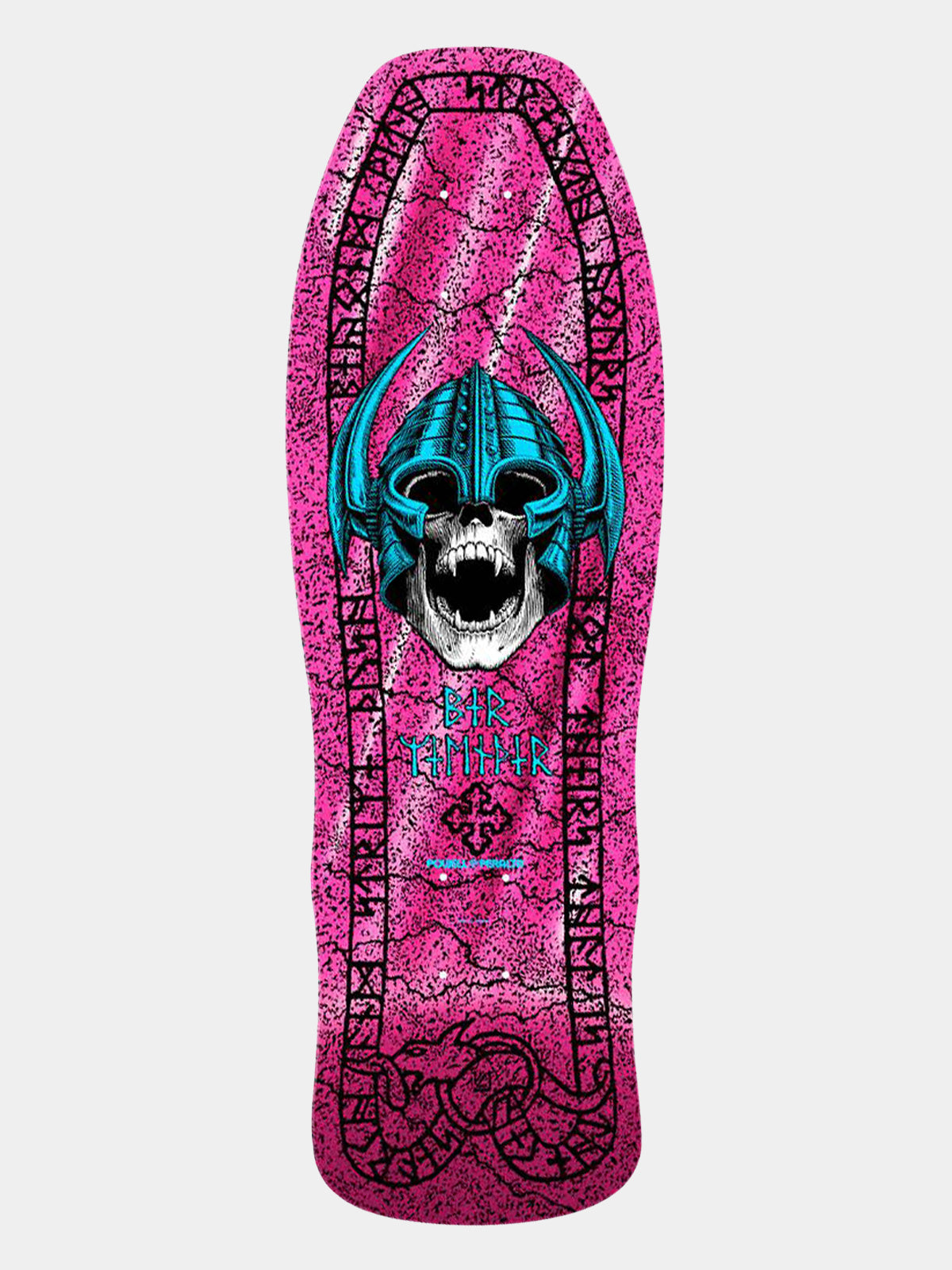 A longboard skateboard deck featuring a vibrant pink background with a distressed texture, a central blue and white horned skull graphic, and black runic-style border designs.