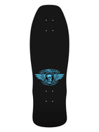 A black Powell Operaty double decker skateboard shown from the underside, featuring a light blue winged skull graphic and the brand name printed in the center.