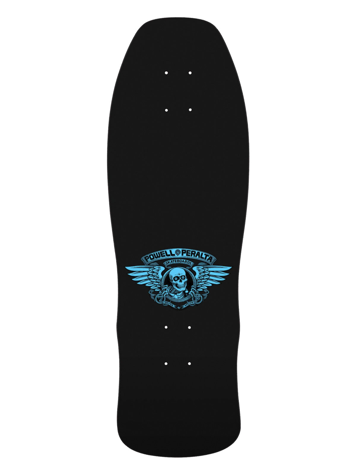 A black Powell Operaty double decker skateboard shown from the underside, featuring a light blue winged skull graphic and the brand name printed in the center.
