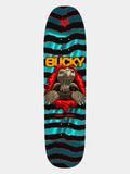Powell Peralta Pro Bucky Lasek tortoise FLIGHT Skateboard Deck with a vibrant, detailed illustration of an aggressive-looking cartoon tortoise skeleton bursting forward, mimicking the classic Powell 'Ripper' style, set against a metallic turquoise foil background. 