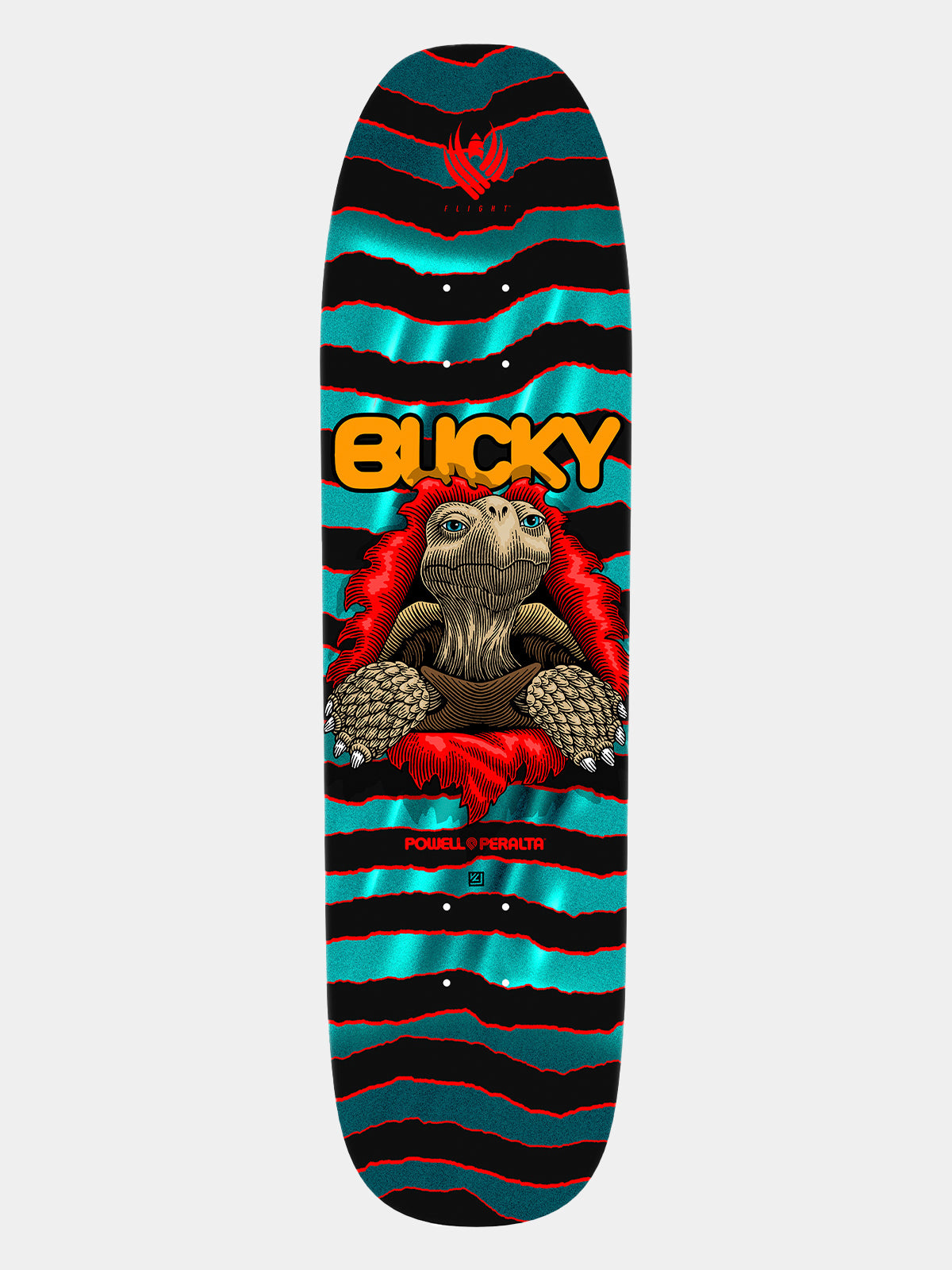 Powell Peralta Pro Bucky Lasek tortoise FLIGHT Skateboard Deck with a vibrant, detailed illustration of an aggressive-looking cartoon tortoise skeleton bursting forward, mimicking the classic Powell 'Ripper' style, set against a metallic turquoise foil background. 