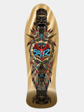 Powell Peralta Steve Saiz skateboard deck with Gold Totem and feathers motif in gold, red and blue - on a gold background with 'STEVE SAIZ' branding.
