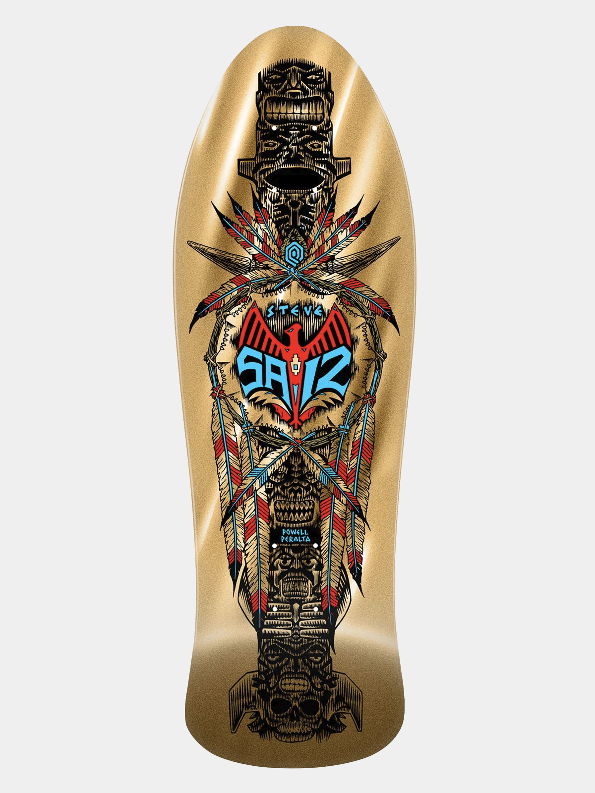 Powell Peralta Steve Saiz skateboard deck with Gold Totem and feathers motif in gold, red and blue - on a gold background with 'STEVE SAIZ' branding.