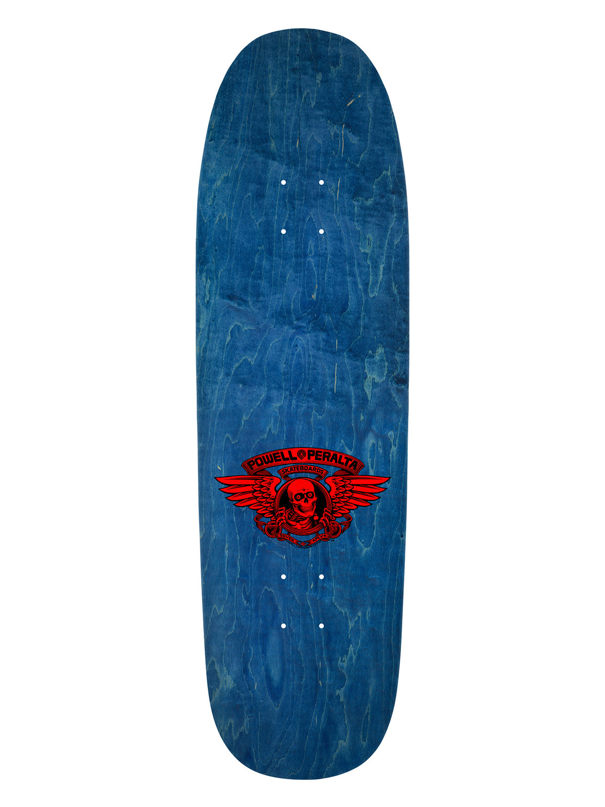 Powell Peralta Steve Caballero Chinese Dragon Skateboard Deck blue denim wood stain. 'POWELL PERALTA' typography with Red Winged Ripper logo branding.