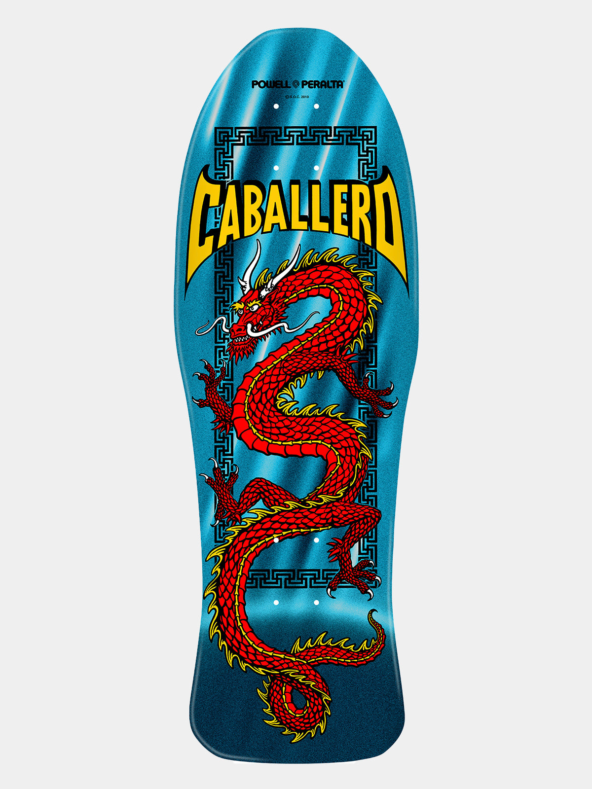 Powell Peralta Steve Caballero Chinese Dragon Skateboard Deck in Turquoise Aqua, with a graphic of a Red and Yellow Chinese Dragon with 'CABALLERO' in bold Yellow and POWELL PERALTA branding in black.
