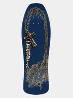 Powell Peralta skateboard deck navy blue with gold chained cross, red rubies and 'UNDERHILL' written on it in gold.