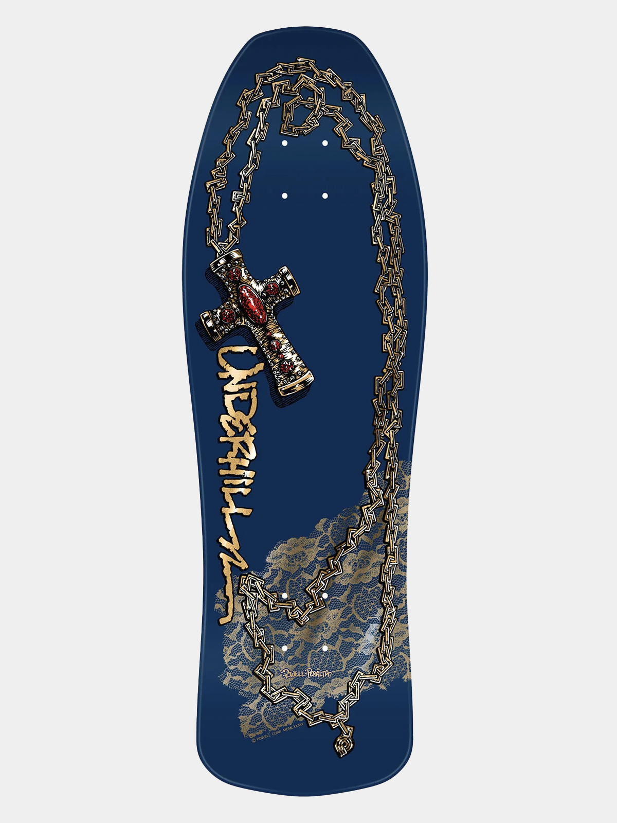Powell Peralta skateboard deck navy blue with gold chained cross, red rubies and 'UNDERHILL' written on it in gold.