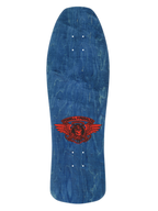 Powell Peralta skateboard deck navy blue with black and red skeleton logo with angel wings and Powell Peralta written on it.