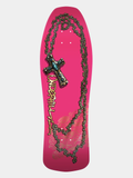 Powell Peralta skateboard deck bright pink with gold chained cross and 'UNDERHILL' written on it.