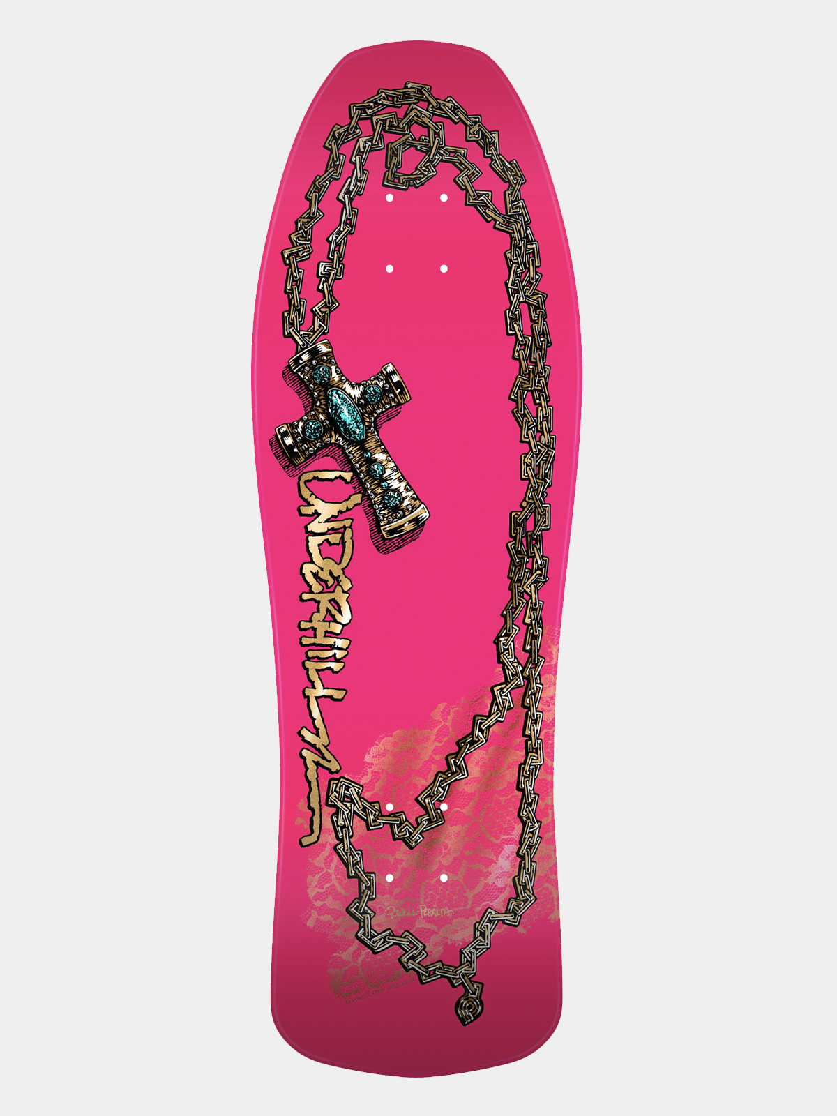 Powell Peralta skateboard deck bright pink with gold chained cross and 'UNDERHILL' written on it.