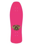 Powell Peralta skateboard deck bright pink with gold skeleton logo with angel wings and Powell Peralta written on it.