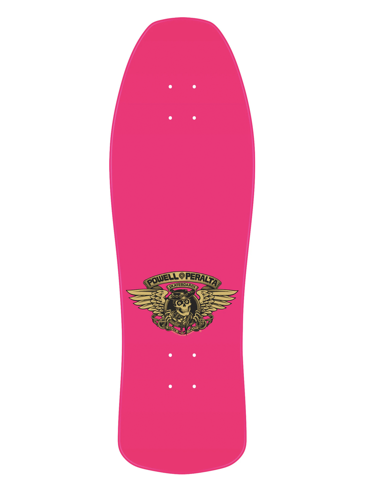 Powell Peralta skateboard deck bright pink with gold skeleton logo with angel wings and Powell Peralta written on it.