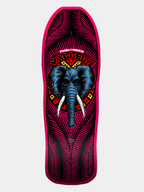 Powell Peralta Mike Vallely skateboard deck with bright pink jungle pattern background and Blue Elephant with 'VALELY' written on it and Powell Peralta branding.