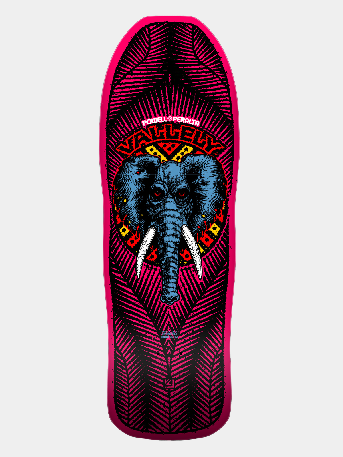 Powell Peralta Mike Vallely skateboard deck with bright pink jungle pattern background and Blue Elephant with 'VALELY' written on it and Powell Peralta branding.