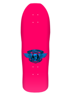Powell Peralta Mike Vallely skateboard deck in bright pink with blue skull and angel wings 'Powell Peralta' logo branding.
