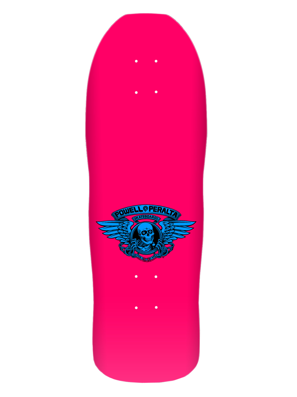 Powell Peralta Mike Vallely skateboard deck in bright pink with blue skull and angel wings 'Powell Peralta' logo branding.
