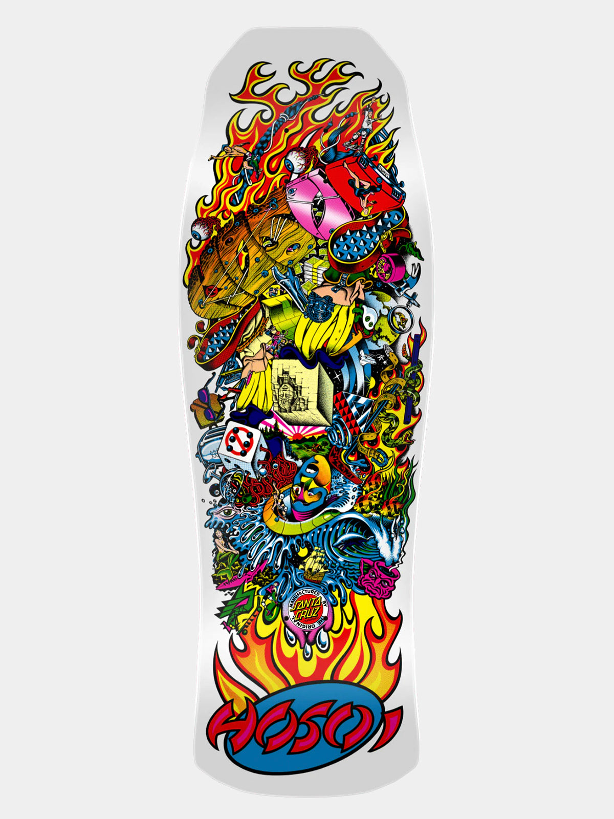 A full-length view of a skateboard deck featuring a highly detailed, colorful graphic illustration with flames and the Hosoi brand logo at the bottom, set against a light gray background.
