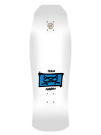 A white longboard skateboard deck featuring a blue and black graphic in the center with the text 'TEAM HOSO!' and a small circular logo near the tail.