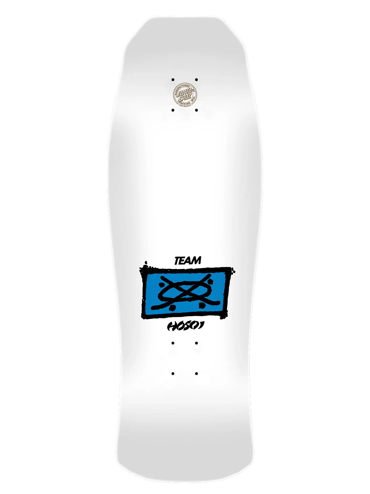 A white longboard skateboard deck featuring a blue and black graphic in the center with the text 'TEAM HOSO!' and a small circular logo near the tail.