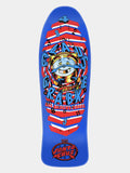 A Santa Cruz skateboard deck featuring a vibrant blue background with a central cartoon character and red, white, and blue striped graphic elements, shown against a light gray background.