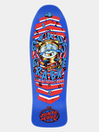 A Santa Cruz skateboard deck featuring a vibrant blue background with a central cartoon character and red, white, and blue striped graphic elements, shown against a light gray background.