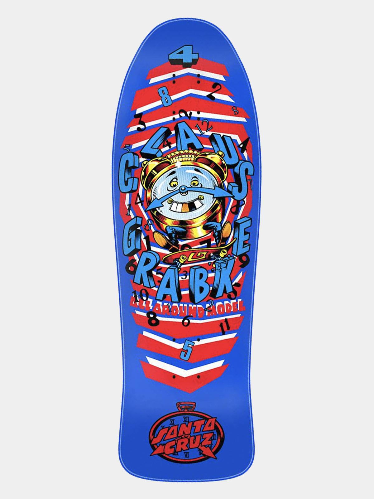 A Santa Cruz skateboard deck featuring a vibrant blue background with a central cartoon character and red, white, and blue striped graphic elements, shown against a light gray background.