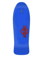 A bright blue skateboard deck with a red and black 'Dope' gear graphic in the center, shown against a plain white background.