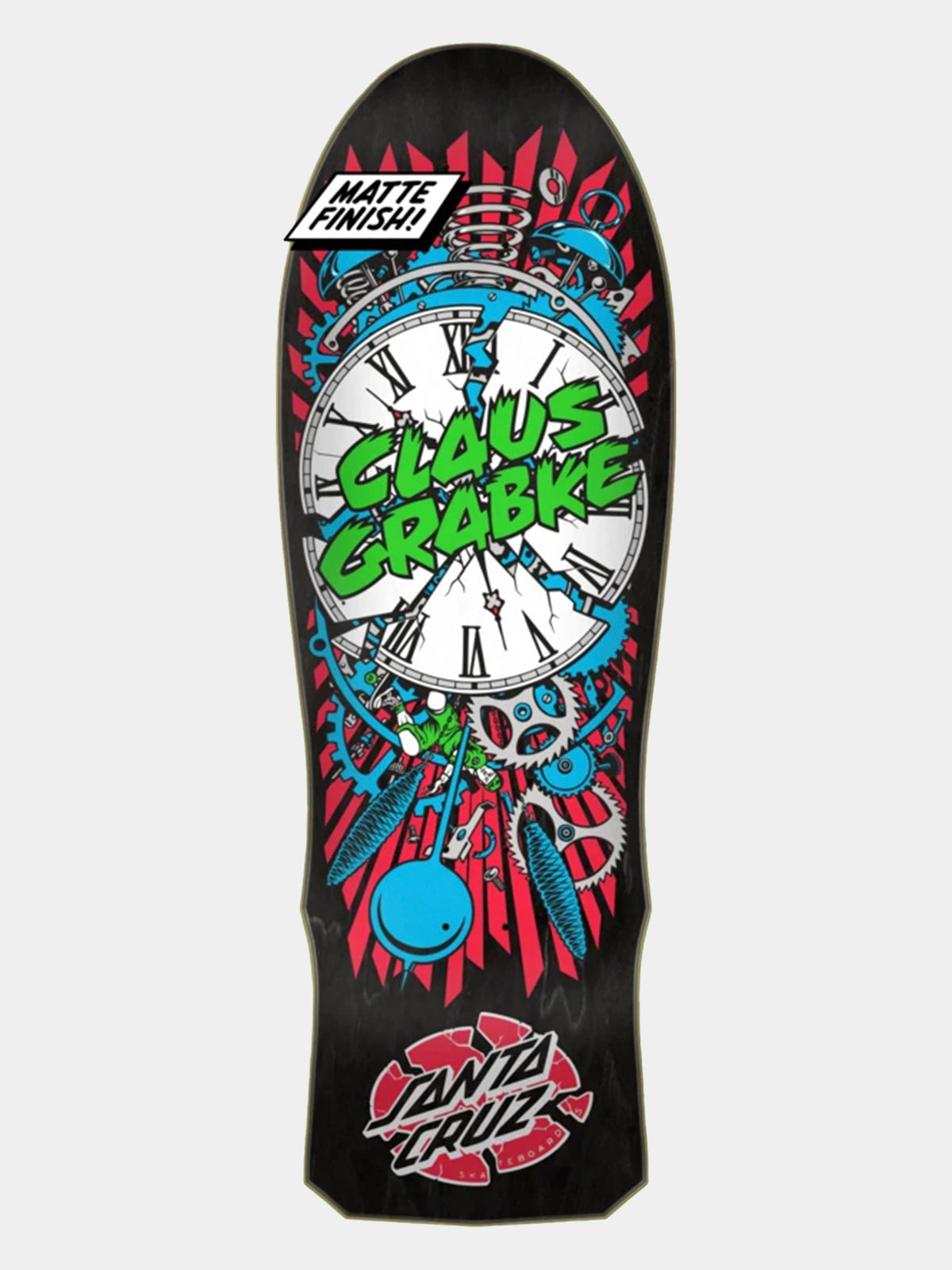 Santa Cruz skateboard deck featuring a black background with a large clock graphic, green 'Claus Grabke' text, red and blue graffiti-style details, and a Santa Cruz logo near the tail.