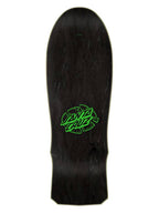 A black skateboard deck with a bright green Santa Cruz logo in the center, shown against a plain white background.