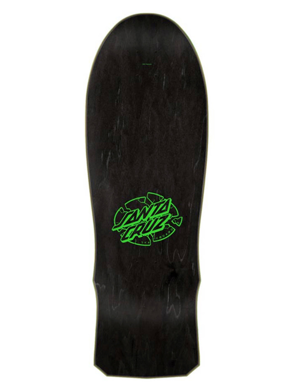 A black skateboard deck with a bright green Santa Cruz logo in the center, shown against a plain white background.