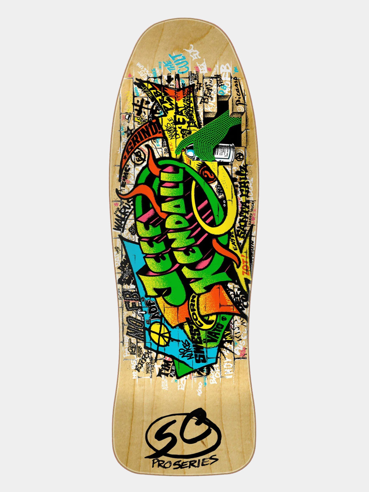 A skateboard deck shown from the underside, featuring a natural wood grain base covered in a colorful graffiti-style graphic with the text 'BENDY JOCK' and a prominent 'SB PROSERIES' logo near the tail.