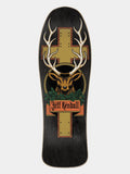 A skateboard deck featuring a graphic design of a deer head with large antlers, a gold cross, and green pine branches, with the text 'Jeff Kendall' on an orange banner, set against a black background.