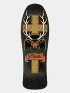 A skateboard deck featuring a graphic design of a deer head with large antlers, a gold cross, and green pine branches, with the text 'Jeff Kendall' on an orange banner, set against a black background.