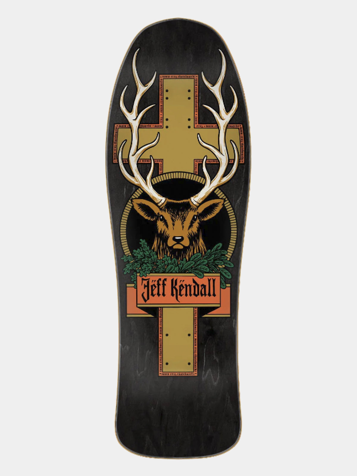 A skateboard deck featuring a graphic design of a deer head with large antlers, a gold cross, and green pine branches, with the text 'Jeff Kendall' on an orange banner, set against a black background.