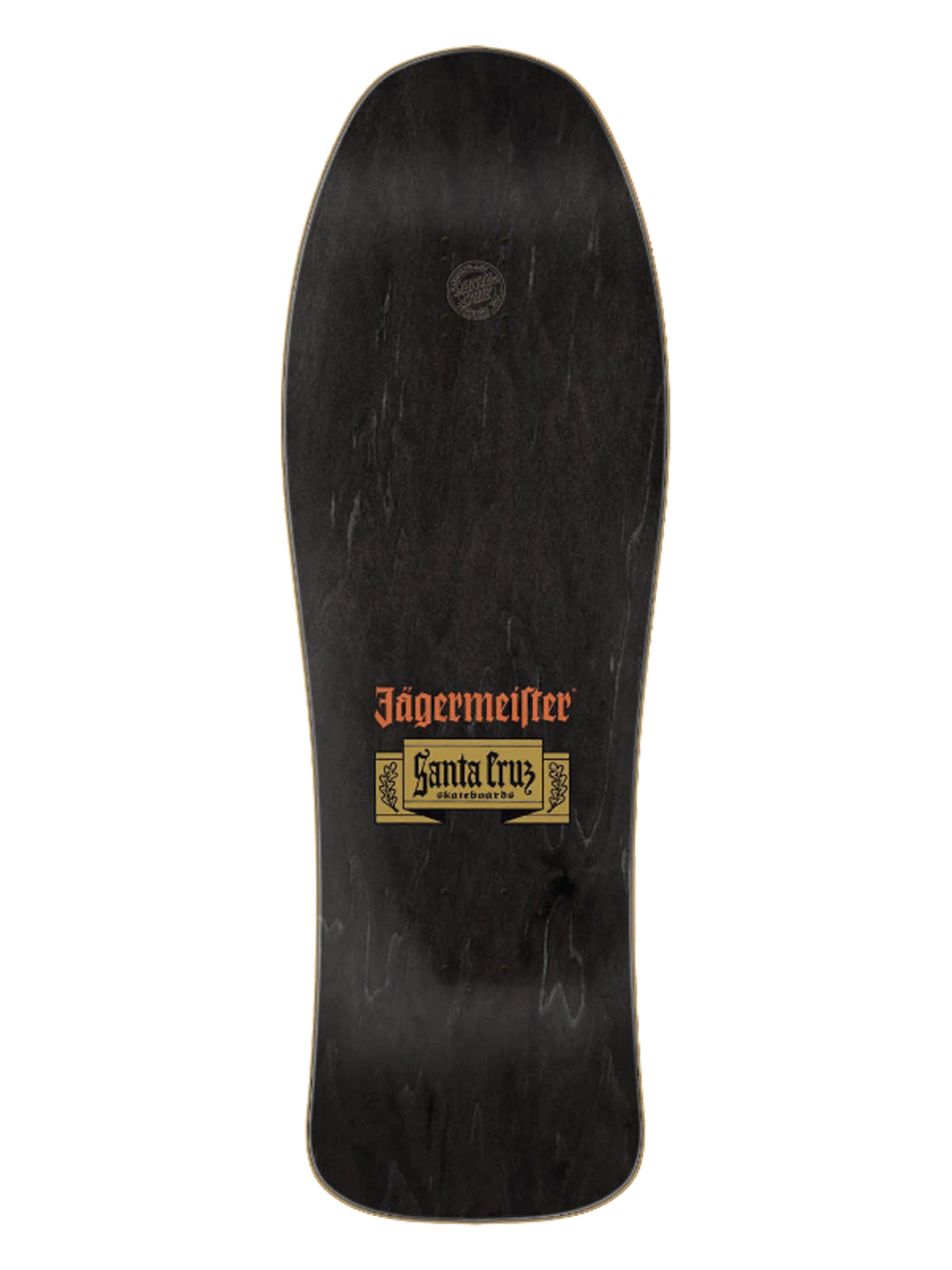 A black skateboard deck with a Jagermeister x Santa Cruz collaboration logo in red and gold on the underside, shown against a plain white background.