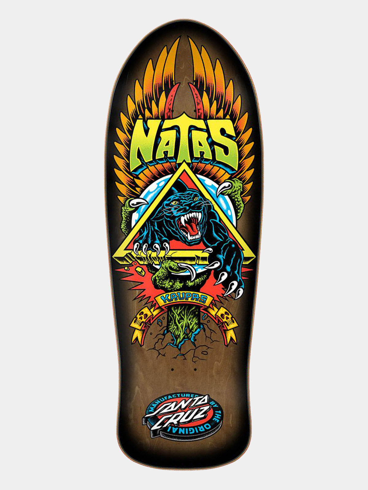 A Santa Cruz Nat's Invading skate deck shown from the top side, featuring a detailed graphic of a panther inside a triangle with the text 'NAT'S' and 'INVADING' on a light gray background.