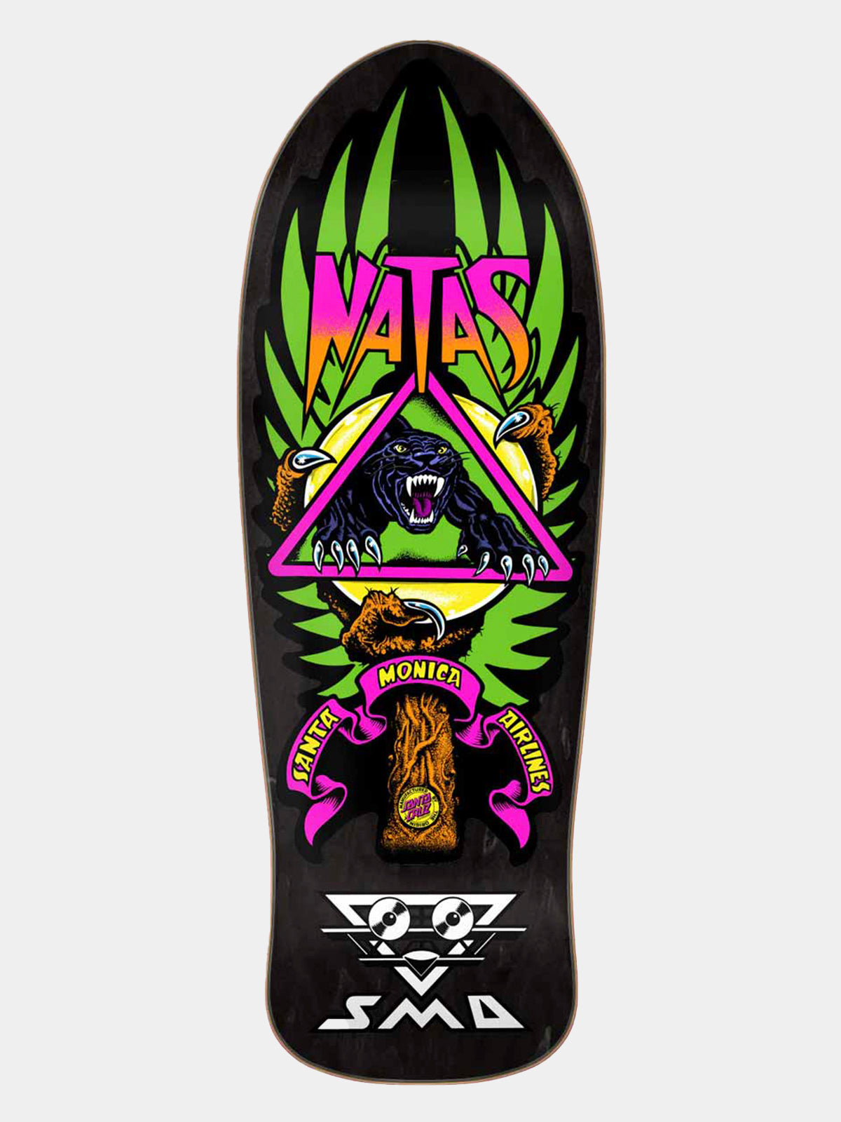 A black skateboard deck featuring a colorful graphic design with the word 'NATS' in pink, green, and orange, a black panther inside a pink triangle, and white 'SMD' branding at the bottom, shown against a light gray background.