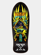A black skateboard deck featuring a detailed graphic design with a black panther inside a gold triangle, yellow flames, and the text 'WATS' and 'SMD'.