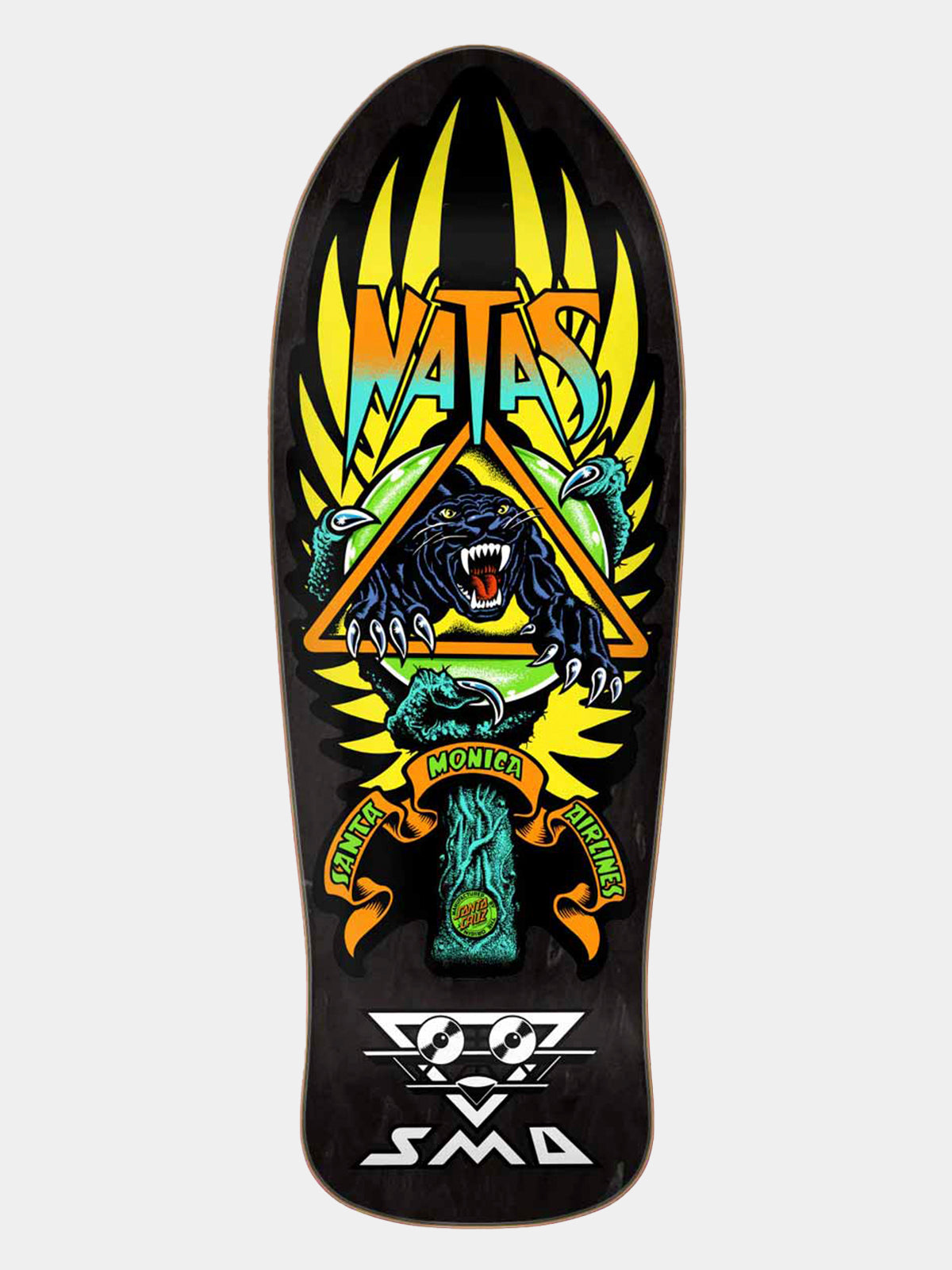 A black skateboard deck featuring a detailed graphic design with a black panther inside a gold triangle, yellow flames, and the text 'WATS' and 'SMD'.