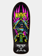 A black skateboard deck featuring a colorful graphic design with the brand name 'NATS' in neon green above a blue panther inside a yellow triangle, with pink spikes in the background and white 'SMD' branding at the bottom.