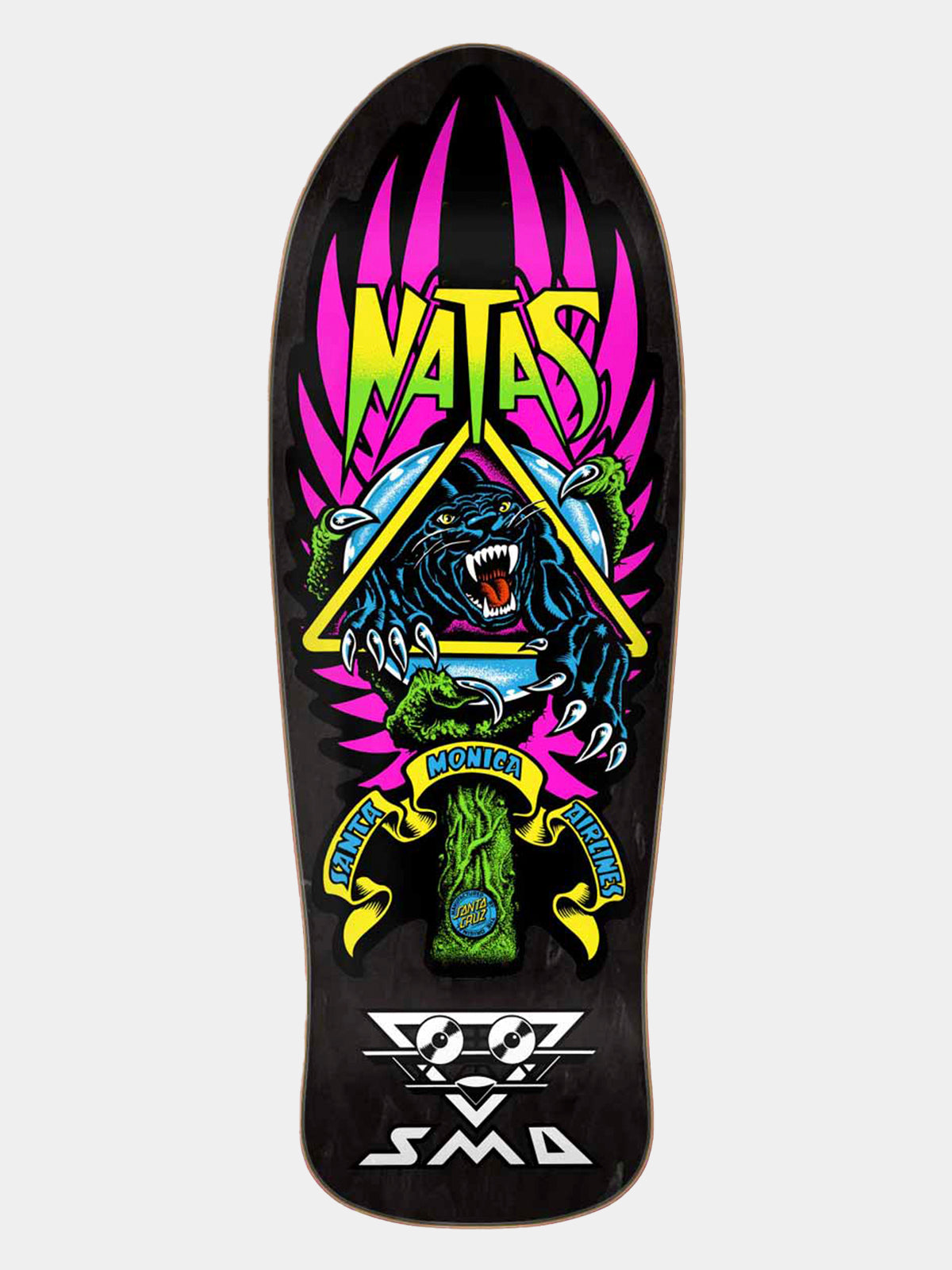 A black skateboard deck featuring a colorful graphic design with the brand name 'NATS' in neon green above a blue panther inside a yellow triangle, with pink spikes in the background and white 'SMD' branding at the bottom.
