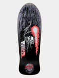 A Santa Cruz skateboard deck featuring a black background with a grim reaper graphic holding a glowing red orb, set against a light gray studio background.