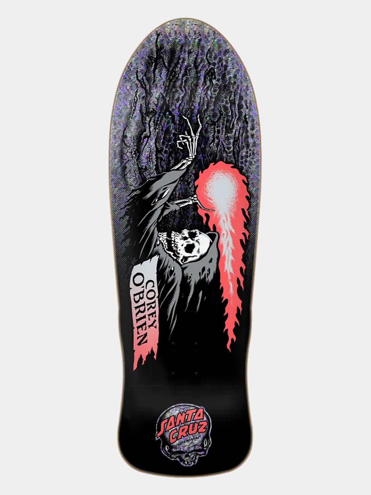 A Santa Cruz skateboard deck featuring a black background with a grim reaper graphic holding a glowing red orb, set against a light gray studio background.