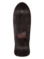 A Santa Cruz skateboard deck shown from the underside, featuring a dark black wood grain finish with a red and white Santa Cruz logo in the center and a small circular sticker near the nose.