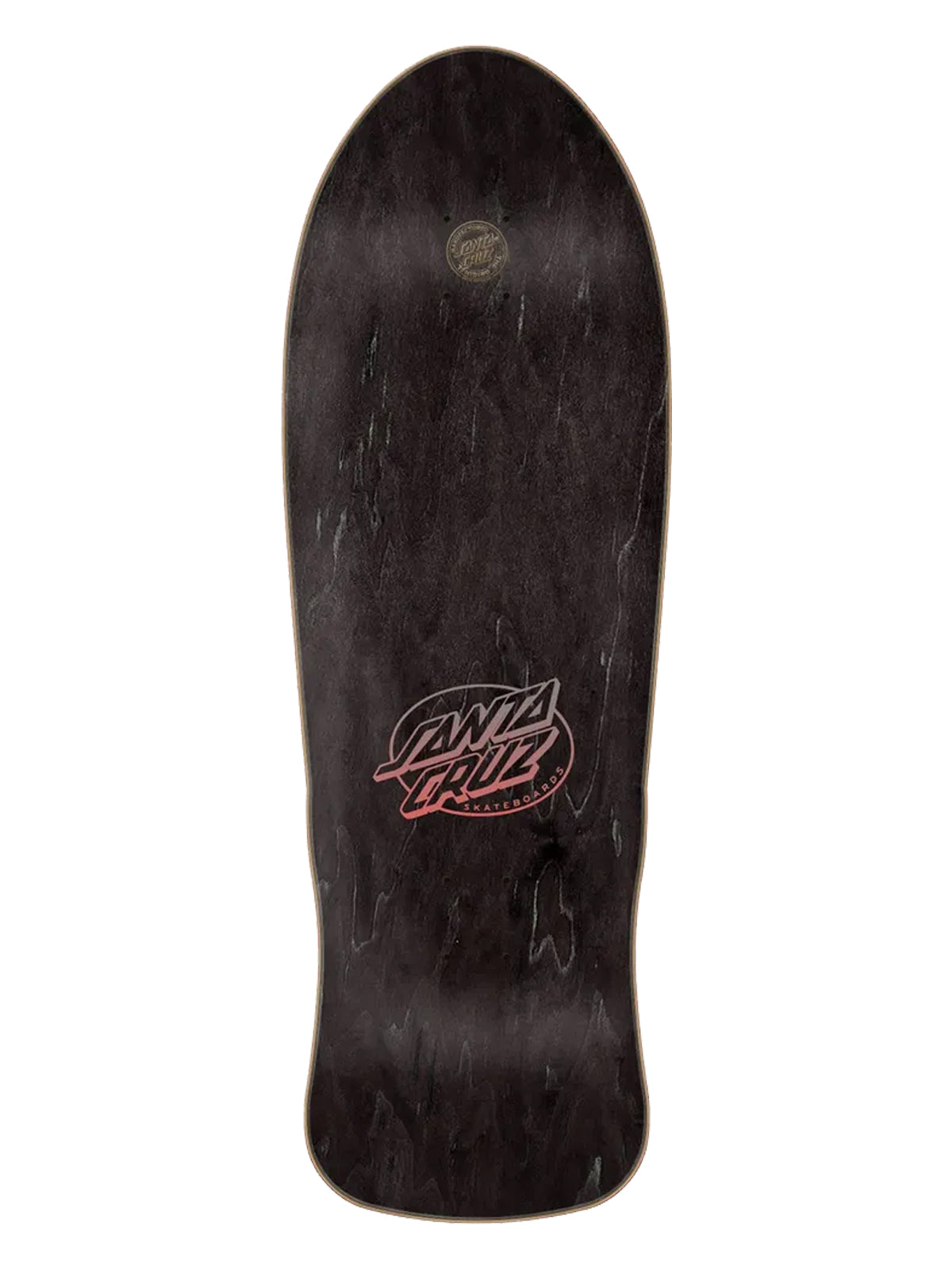 A Santa Cruz skateboard deck shown from the underside, featuring a dark black wood grain finish with a red and white Santa Cruz logo in the center and a small circular sticker near the nose.