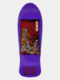 A purple Santa Cruz skateboard deck featuring a graphic print of skeletons in a fiery red and orange scene, with the Santa Cruz logo at the bottom.